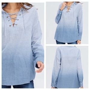 Blue OmbrΓ© Pin Stripe Lace Up Pull Over Shirt